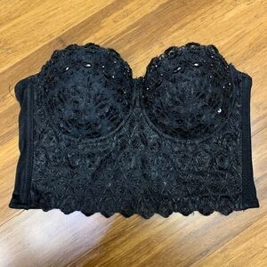 Windsor Womens Small Bustier Top Black Lace‎ Corset Beaded Embellished Strapless